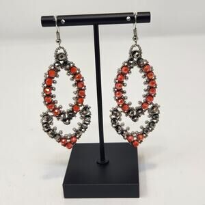 Sassy Jones Malia Glass Dangle Drop Hook Earrings Silver Tone Tangerine Orange